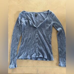 GAP Light Blue Ribbed Button-Front Long Sleeve Top